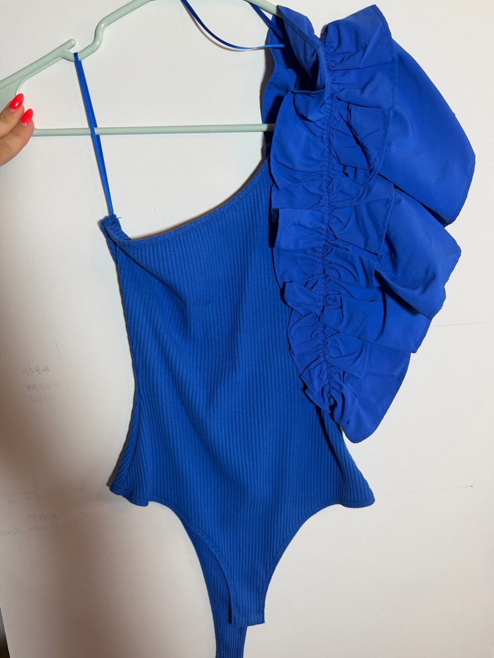Flying Tomato Royal Blue One-Shoulder Ruffle Bodysuit
